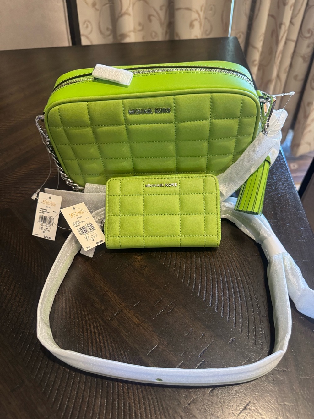 MICHAEL KORS Lime Quilted Camera Crossbody with Matching Wallet.